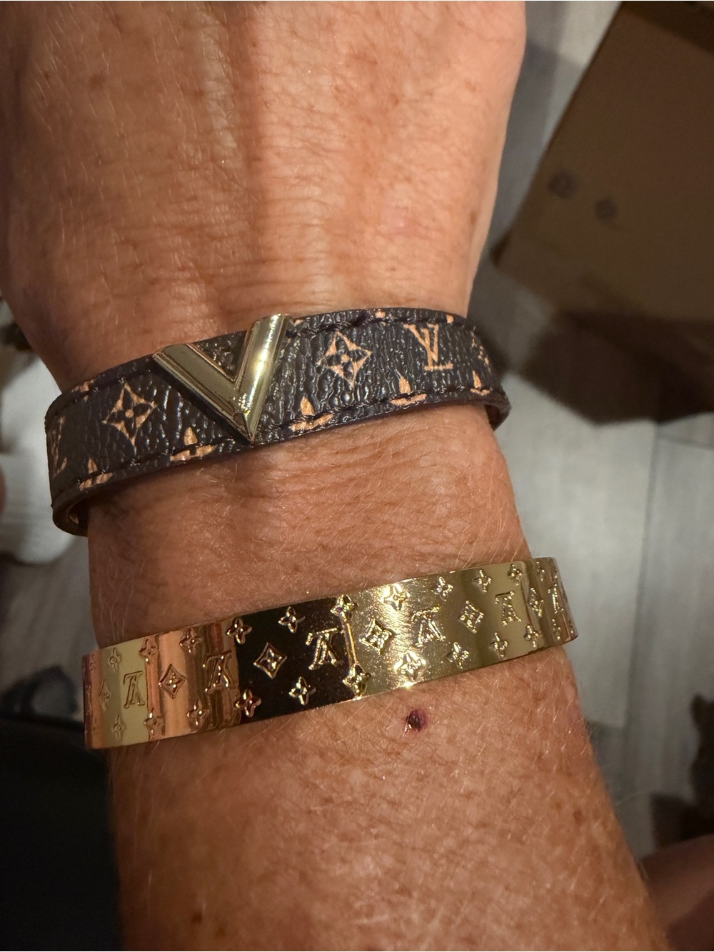 Brown Monogram Leather Strap and Gold-Tone Monogram Bangle